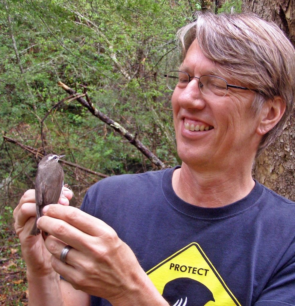 Dr. Steve Latta holding a Louisiana Waterthrush in his hand