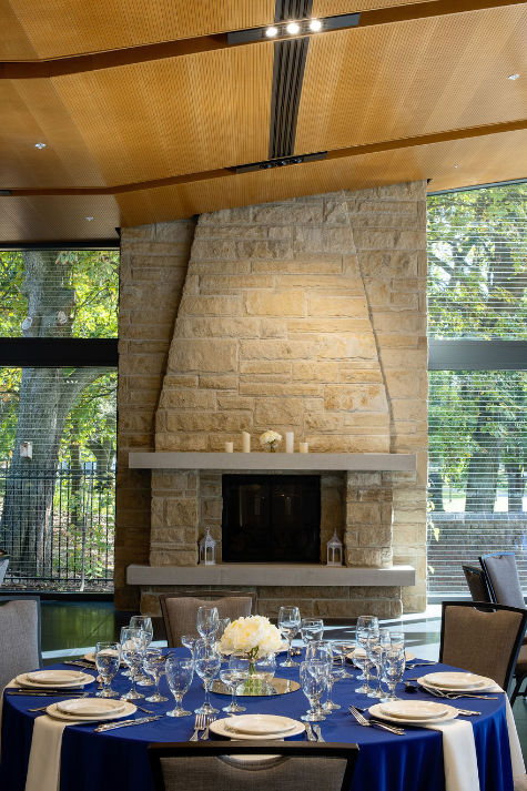 One of the two stone fireplaces