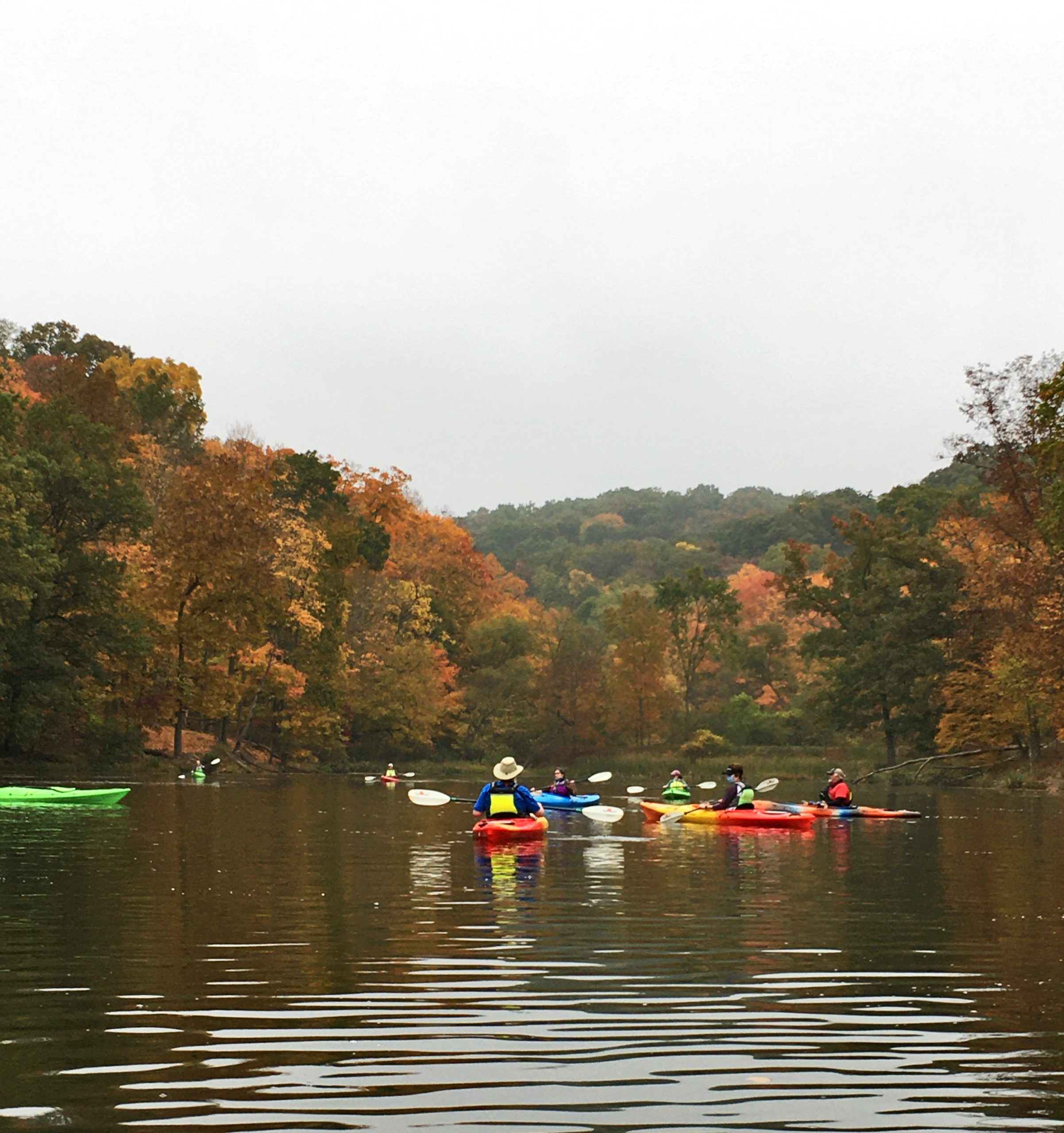 A group of kayakers on a lake