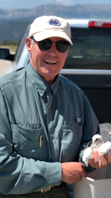 Jay Tischendorf holding an immature raptor in his hands