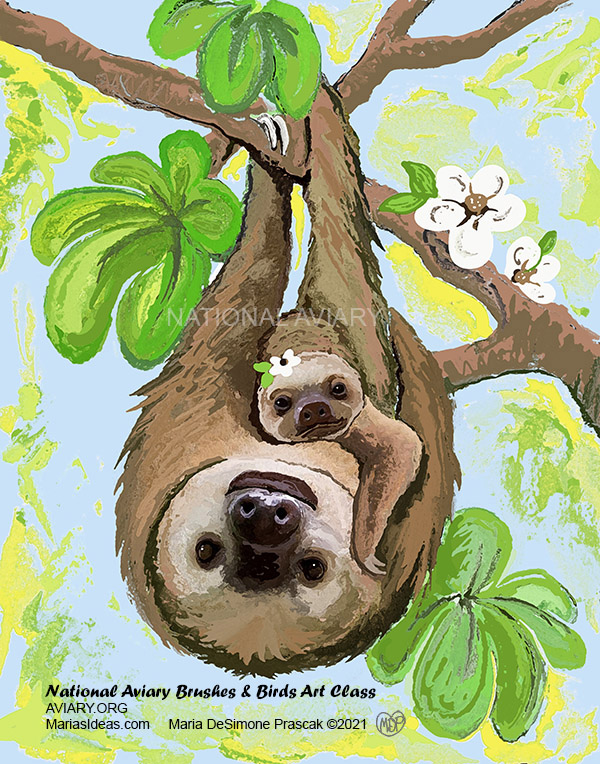 Illustration of a mom and baby sloth by Maria DeSimone Prasack