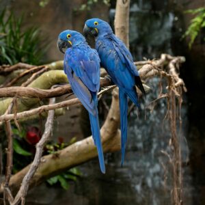 Two Hyacinth Macaws perched on a branch in front of the waterfall in the Tropical Rainforest at the National Aviary