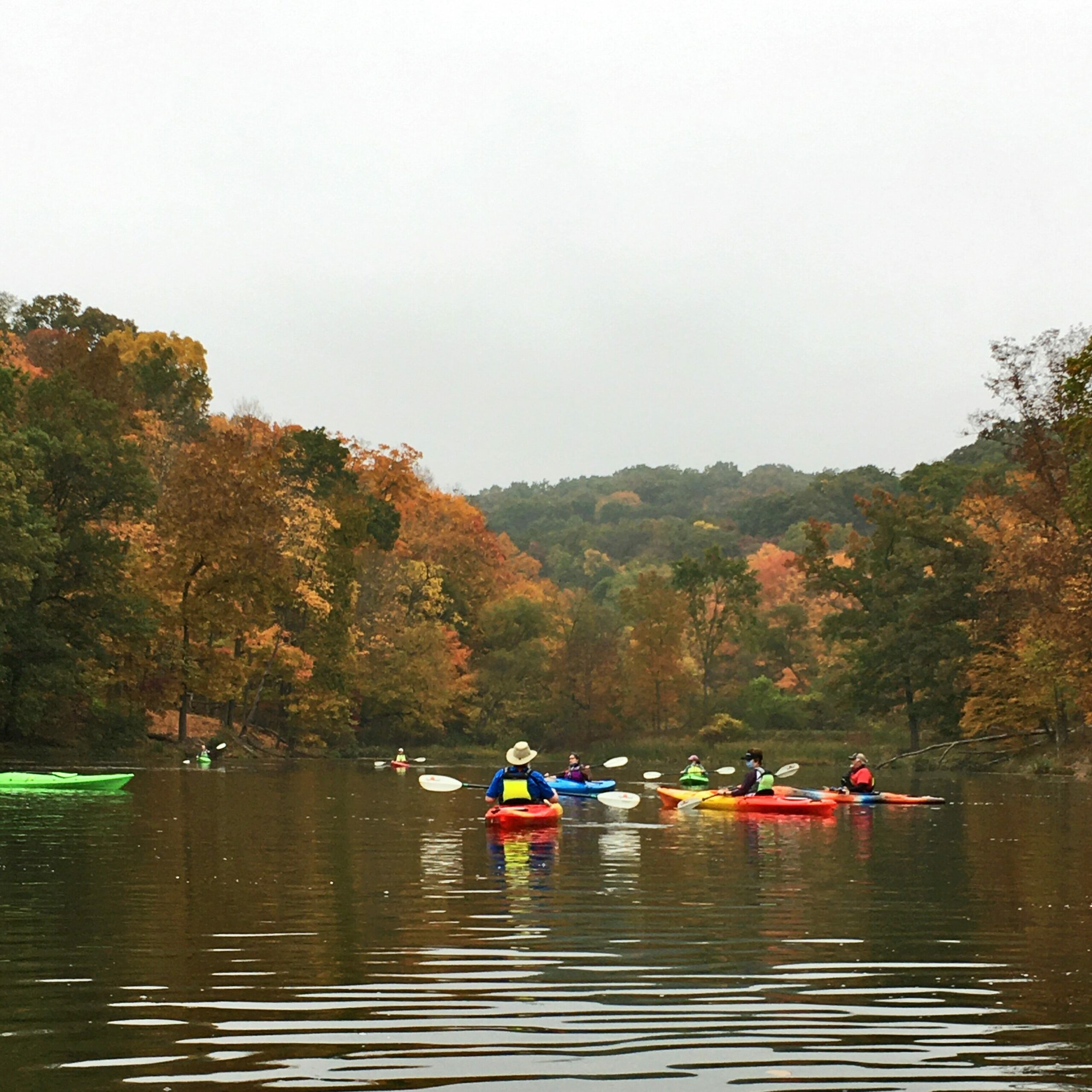 A group of kayakers on a lake