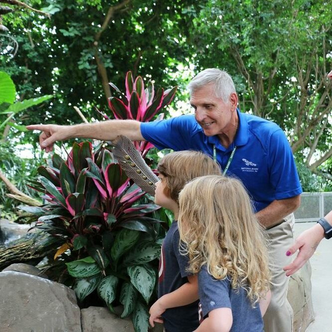 A National Aviary volunteer answers question for an enthusiastic group of children in Tropical Rainforest.