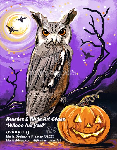 Painting of a Northern White-faced Owl in a pumpkin patch