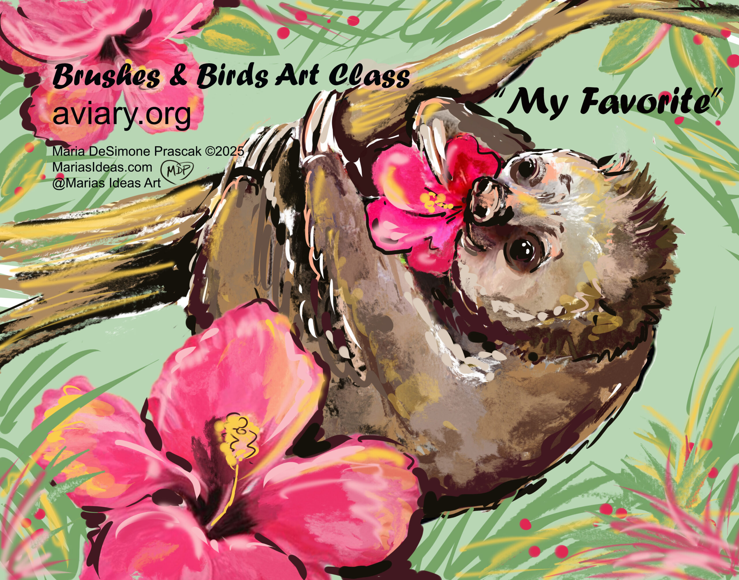 A painting of a sloth hanging upside down on a hibiscus tree