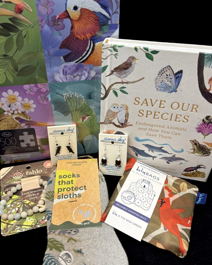 A variety of forest-themed items including books and puzzles.