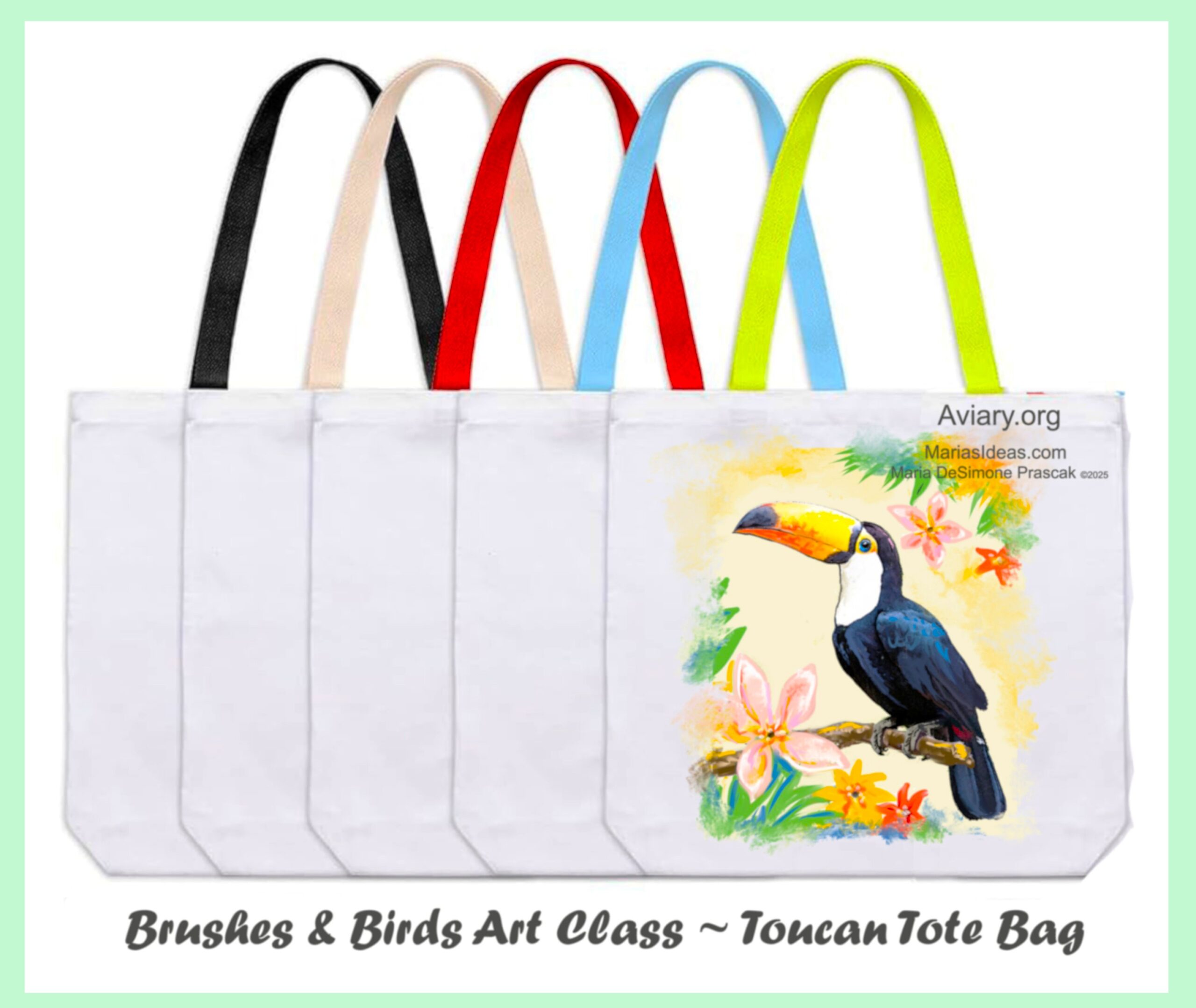 Mock up of toucan painted onto tote bage