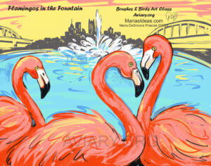 A mock up of a painting of three flamingoes wading in the water fountain in downtown Pittsburgh.