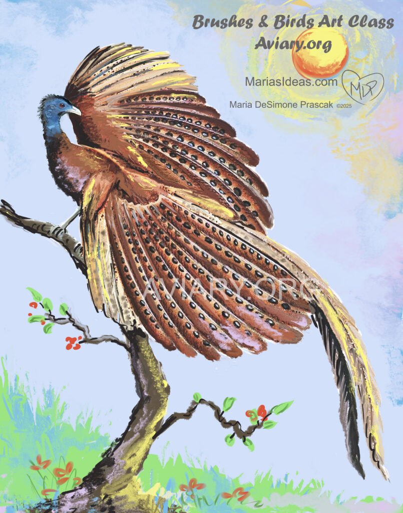Mock-up of a Great Argus painting with the bird perches on a tree.