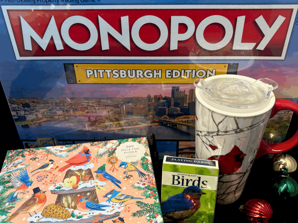 Pittsburgh Monopoly, Birding Puzzle, Bird-themed playing cards, and a large mug with a cardinal on it