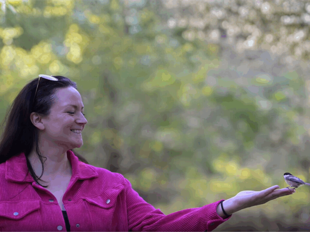 A woman with her arm outstretched holding seeds for a chickadee on her fingertips to eat
