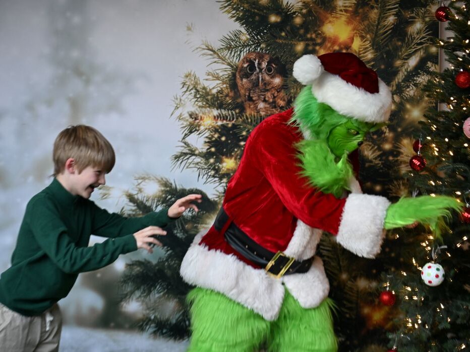 The Grinch taking a bulb off of a Christmas tree while a little boy tries to  stop him!