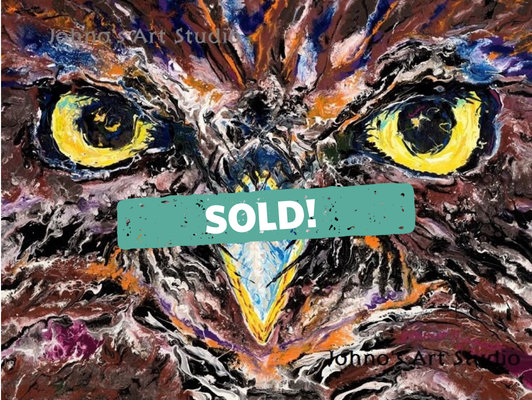 Johno's owl eyes painting with a sold stamp on it!