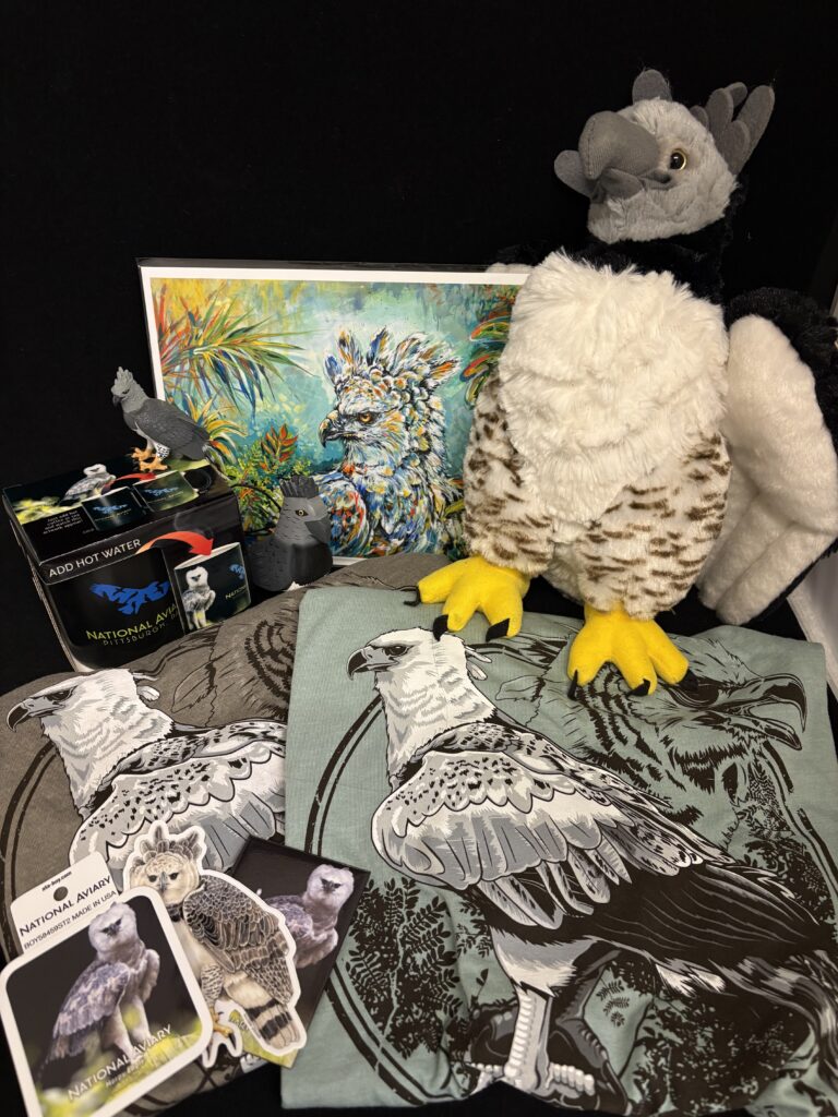 A selection of Harpy Eagle items including a plush, t-shirt, mug, and stickers.